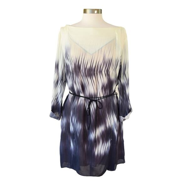 HALSTON Heritage Voile Batik Print 3/4 Sleeve Tunic Dress Indigo - Picture 2 of 8